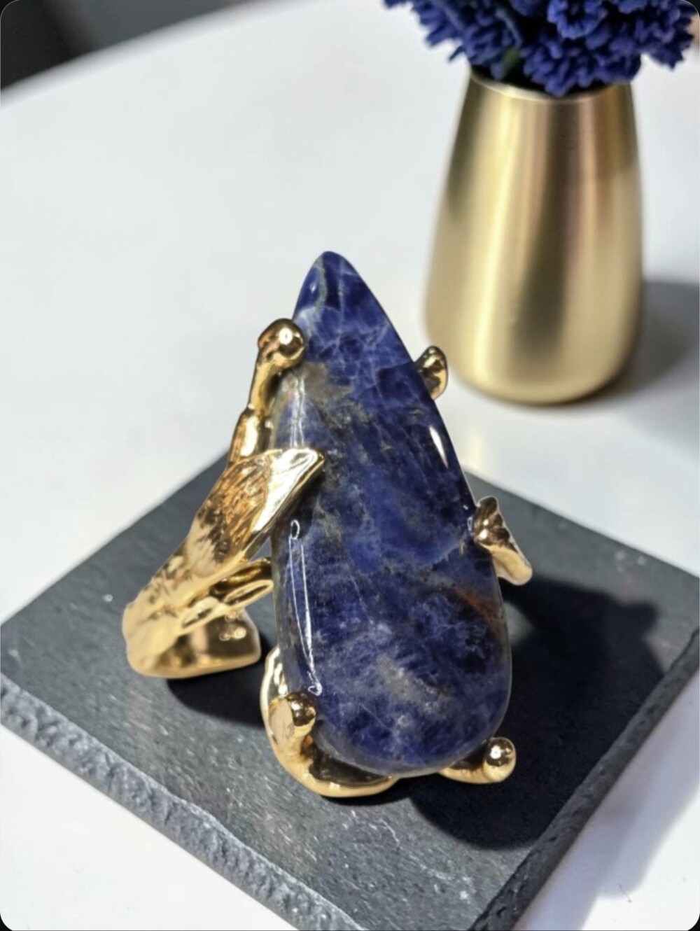 18k Gold Plated Artisan Lapis Lazuli Natutal Stone Leaf Prong Set Statement Ring